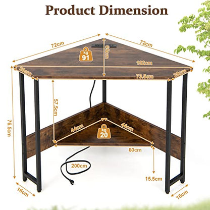 Corner Desk with Charging Station & USB Port, 90-Degree Triangle Computer Workstation w/Storage Shelf, Metal Frame, Space-Saving Laptop PC Desk for Small Space, Home Office (Rustic Brown)