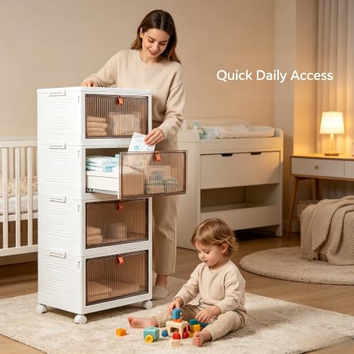 4-Tier Foldable Plastic Drawer Storage with Wheels,Stackable Storage Bins with Lid,Organization and Storage Boxes for Kitchen,Cloakroom,Closet,Living Room,Office and Dorm - size: 17.13''
