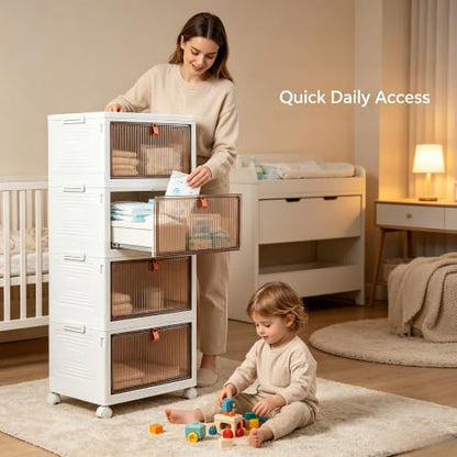 4-Tier Foldable Plastic Drawer Storage with Wheels,Stackable Storage Bins with Lid,Organization and Storage Boxes for Kitchen,Cloakroom,Closet,Living Room,Office and Dorm - size: 17.13''