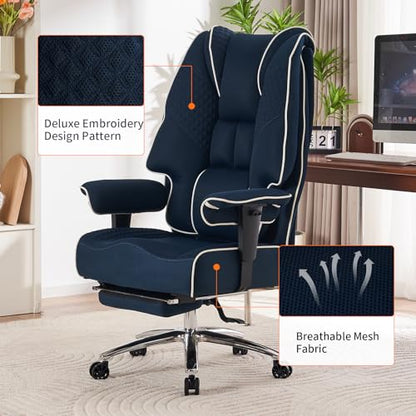 EXCEBET Big and Tall Office Chair 400lbs Wide Seat, Leather High Back Executive Office Chair with Foot Rest, Ergonomic Chairs Lumbar Support for Lower Back Pain Relief (Mesh Dark Blue) - color: Mesh Dark Blue