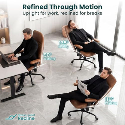 NEO CHAIR Brown Leather Office Chair with Ergonomic Design, Swivel Chair | Modern Computer Desk Chair with Lumbar Support, Adjustable Height Arms, Comfy Chair for Home Office, Smooth Rolling Design - color: E. High-back Brown
