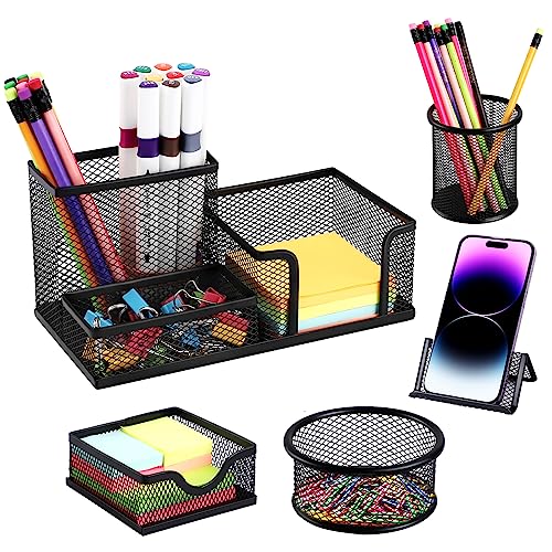 Mesh Pen Holder for Desk Pencil Holders 5 Pieces Desk Organizer Office Supplies Caddy with Sticky Notes Holder for Office School Home Black - style: 5 Piece Set