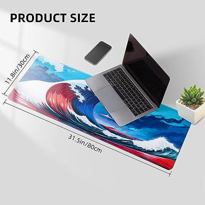 Hopipad Japanese Style Waves Large Gaming Mouse Pad for Desk, Desk Mat with Seamed Edges, Waterproof Desk Pad, Non-Slip Rubber Base, 31.5x11.8 Inch Keyboard Pad Computer Mat, Big XL Mousepad - color: Japanese Sea Wave