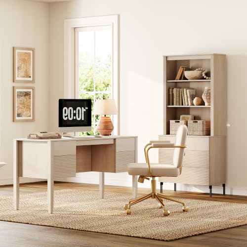 WAMPAT Fluted Executive Desk with Drawers, 58" Modern Home Office Computer Desk with Charging Station, Storage Shelves, Wooden Writing Desk for Home Office, Work Study Writing, Beige - color: Beige