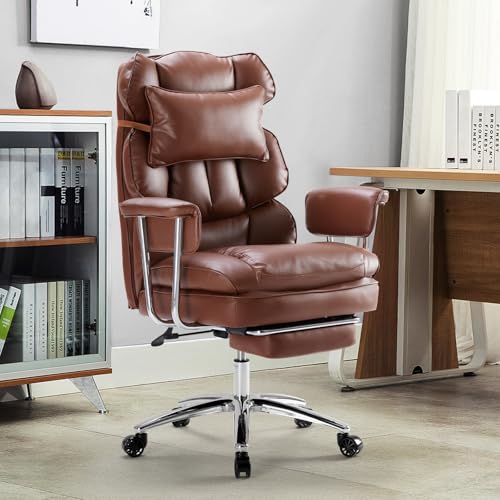 DUMOS Ergonomic Home Office Desk Chair, Executive Chair, PU Leather | Big Tall High Back, Lumbar Support, Reclining Height Adjustable, Computer Gaming, Footrest Swivel Wheels, Brown - color: Brown