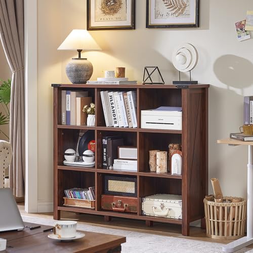 Joaxswe 9 Cube Bookcase, Farmhouse 47 Inch Wide Brown Walnut Bookshelf, Wooden 3 Tier Display Large Open Book Shelf, Vintage Horizontal Book Case for Home Office, Cubby Storage Cabinet for Living Room - color: Brown Walnut, size: 9 Cube (13.6 "D x 47.24 "