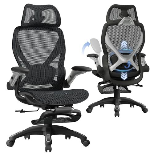 ELABEST X100 Ergonomic Mesh Office Chair with Footrest, Big and Tall Hone Desk Chair with 5D Flip-Up Arms, Adjustable 3D Lumbar Support,Gaming & Executive Computer Chairs - color: Midnight Mist