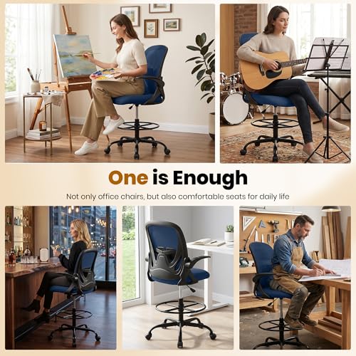 Drafting Chair Tall Office Chair with Flip-up Armrests Executive Ergonomic Computer Standing Desk Chair with Lumbar Support and Adjustable Footrest Ring (Navy) - color: Navy, size: 934-Z
