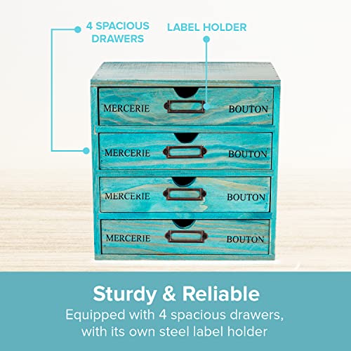 Turquoise 4-Tier Drawer Unit - Teal European Country Style Desk Organizer Box - 9.7x7x10 Wooden Stackable Drawers - Countertop Organizer Drawers w/Label Holder - 4-Level File Drawer Unit - style: 4 Drawer I 10"