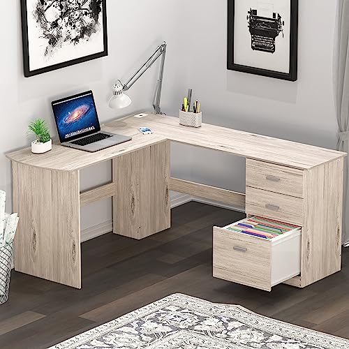SHW L-Shaped Home Office Wood Corner Desk w/Box Box File Drawers, Maple | 51 x 59 Inches | 2 Pre-installed Grommets - color: Maple