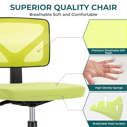 DUMOS Armless Desk Chairs, Small Home Office Mesh Chairs | Ergonomic Adjustable Mid Back, Swivel Rolling Task, Computer Work Vanity Small Spaces, Bright Green - color: Bright Green, size: 1pc