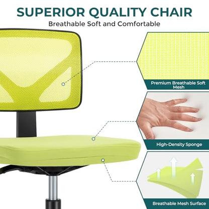 DUMOS Armless Desk Chairs, Small Home Office Mesh Chairs | Ergonomic Adjustable Mid Back, Swivel Rolling Task, Computer Work Vanity Small Spaces, Bright Green - color: Bright Green, size: 1pc