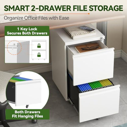 SAWJEC 2 Drawer Rolling File Cabinet Fully Assembled, White | Fully Assembled, Metal Under Desk Filing Cabinet with Lock & Wheels, 17"D x 15"W x 26"H, Letter/Legal/A4, for Home Office - color: White, size: 26"H x 15"W x 17"D