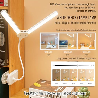 Dual Head LED Desk Lamp with Clamp, Eye-Caring Clip on Lights for Home Office, 4000mAh Rechargeable Battery Operated Table Lamps,3 Lighting Modes & Brightness Dimmer Light for Students (4000)