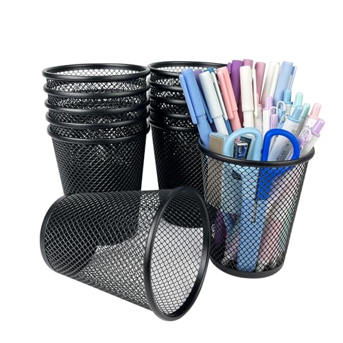 12 Packs Pen Holders, Mesh Pen Cup, Metal Pencil Holders for Desk | Multifunctional Organizer for Office School Home Makeup Brush (Black)