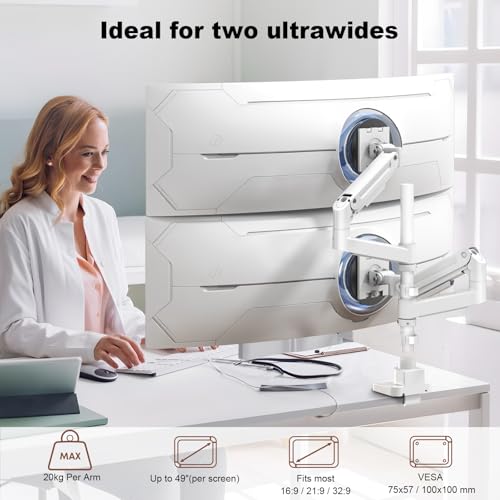 Heavy Duty Dual Monitor Arm for 17-49" Screens, Vertical Stack, 44lbs - color: White