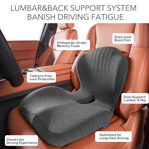 Seat Cushion for Car Truck Driver, Memory Foam Seat Cushion with Adjustable Strap,Ergonomic Lumbar/Back Support & Sciatica Relief for Long Drives, Orthopedic Cushion for Office Chair, Car, Semi Truck