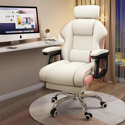 Executive Computer Chair Home Office Desk Chair,Adjustable Angle, Ergonomic Adjustable Height PU Leather Chairs with Cushions Armrest for Long Time Seating-High Office Chair with Footrest - color: White and Pink
