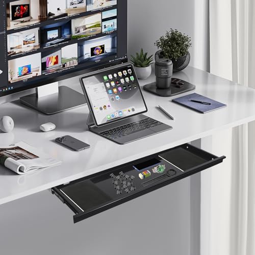 Under Desk Drawer, Sliding Pull-Out Keyboard Tray Organizer for Standing Desks，Pull-out Drawer for Mouse, Books, iPad, Office Supplies (Black)