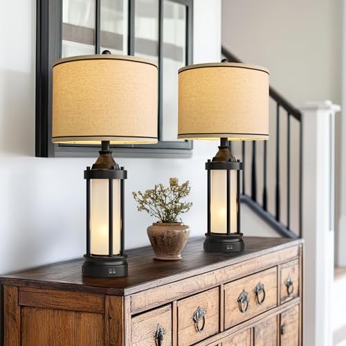 25'' Table Lamps for Bedroom Living Room Lamps Set of 2 Farmhouse Nightstand Bedside Lamps with USB Ports, Built-In Frosted Glass Night Light Industrial Metal Night Stand Lamp, Bulbs Included, Black - color: Metal Black - Set of Two