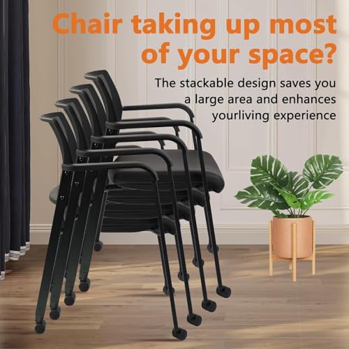 CLATINA Stacking Office Chair with Wheels, Mesh Back Waiting Room Guest Chairs with Arms Comfortable Leather Cushion Stackable Desk Chair for Conference Reception School, Black, 8 PK