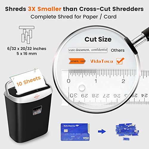 VidaTeco Paper Shredder for Home Office Heavy Duty with 60 Mins Running with US Patented Cutter,Shred CD/Card with Extra Large Bin,AUTO Jam Proof(ETL) (10-Sheet Micro-Cut)