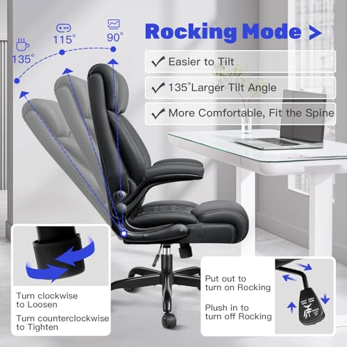 High Back Executive Office Chair - Ergonomic Computer Desk with Rocking Function, Leather Managerial with Adjustable Flip-Up Armrests and Lumbar Support - color: Black, style: Without Footrest