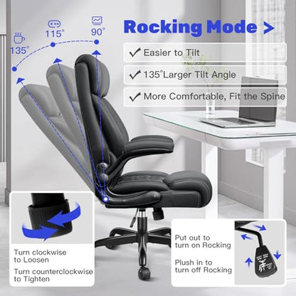 High Back Executive Office Chair - Ergonomic Computer Desk with Rocking Function, Leather Managerial with Adjustable Flip-Up Armrests and Lumbar Support - color: Black, style: Without Footrest