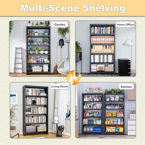 OSEILLC 69" Metal Bookshelf,5 Tier Library Bookcase,Bedroom Bookshelves and Bookcases,Tall Book Case/Shelves for Living Room,Office,Black Large Bearing Book Shelf - color: Black, size: 69"H*34"W