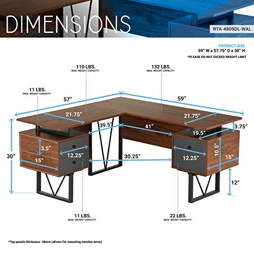 Techni Mobili Reversible L-Shaped Computer Desk with File Cabinet, Brown