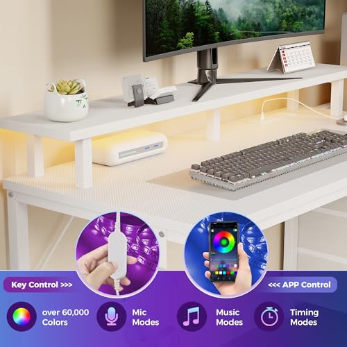 59" Reversible Gaming Desk with LED Lights Power Outlets, White | Computer Desk with Drawers Can be Used to Store Odds and Handles, Elevated PC Stand To Help You Showcase Your DIY Cases. - color: White, size: 60 In