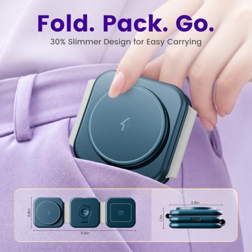 15W Magnetic Travel Charging Station, 3-in-1 Foldable MagSafe Charger - color: Navy Blue
