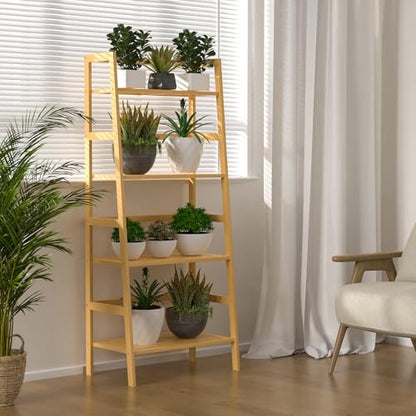 Bamboo Bookshelf, 4-Tier Ladder Shelf Freestanding Space Saver Open Bookcase Book Shelf, Bamboo Storage Shelving Unit Flower Plant Stand for Living Room, Bathroom, Home Office, Natural