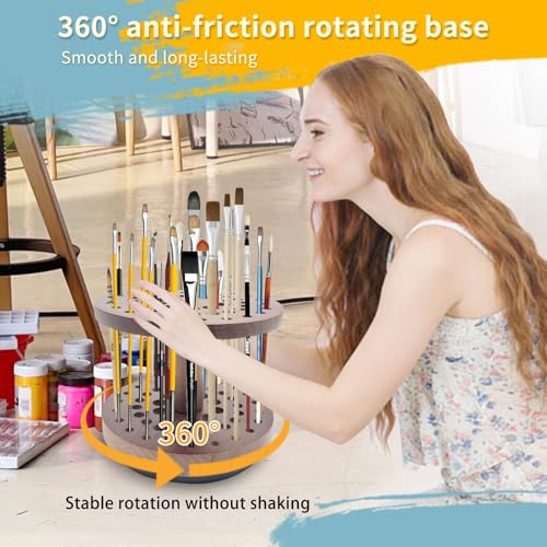 360° Rotating Hardwood Paint Brush Holder, Artist Desktop Storage Organizer - color: brown（52 Holes）