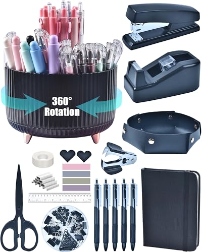 Black Desk Accessories, Office Supplies 360°Pen Holder Desk Organizers, With Tape Dispenser, Stapler, Staple Remover, Ect, Elevate Your Workspace With Sleek Black Sophistication, Back to School - color: Black