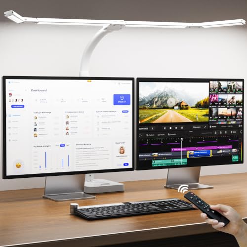 LED Desk Lamp for Home Office，42" Eye-CaringDesk Light with Remote，Adjustable Flexible Gooseneck，1800LM Ultra Bright Table Lamp with Base for Work，Reading, Study，Double Monitor（White） ﻿ - size: extra-Large