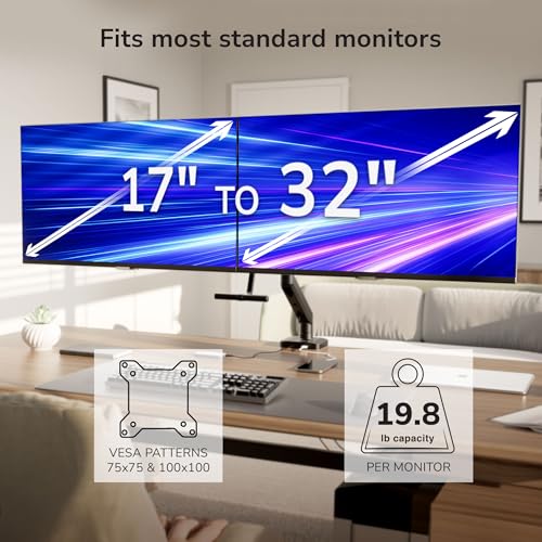 Mount-It! Dual Monitor Mount with Crossbar, Gas Spring Desk Mount for 2 Monitors 17–32", Holds 19.8 lbs Each, Full Motion Tilt Swivel Rotate, VESA 75x75 100x100, USB 3.0 & USB-C, Clamp or Grommet