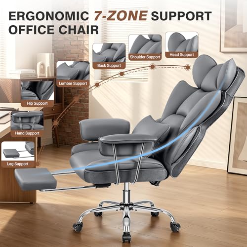 ALLGOD Big and Tall Office Chair 400LBS, Executive Ergonomic Leather Chair with Footrest, Wide Seat Gaming Office Chair with Pocket Spring Cushion, Reclining High Back Computer Desk Chair, Grey - color: Grey, size: 1 Pack