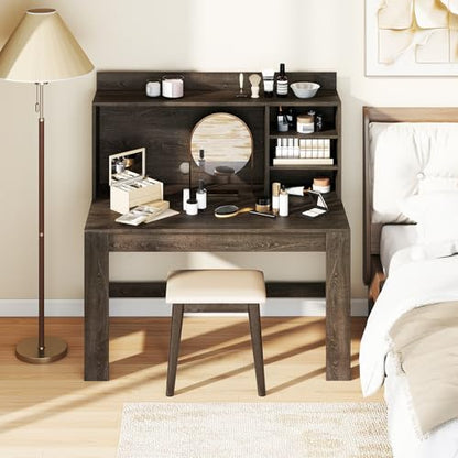 Giantex Computer Desk with Hutch, Modern Home Office Desk with Power Outlets, Storage Shelves & Cable Hole, Makeup Vanity Table, Study Writing Desk for Bedroom Office Small Space (Grey Oak) - color: Grey Oak