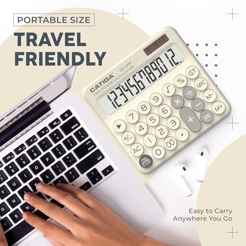 CATIGA Mechanical Switch Calculator with Solar and Battery Dual Power, 12-Digit Large LCD Display, Aesthetic and Cute Desktop Calculator with Big Button, for Home, School and Office Use, SD-1299 - color: Z) Beige