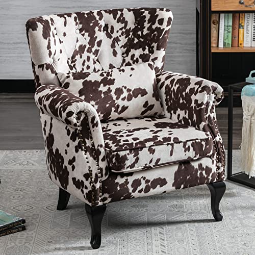 LZAREAL Accent Reading Arm Chairs for Living Room Bedroom, Midcentury Modern Comfy Corner Sofa Chair, Wingback Waiting Room Club Chair with Button Tufted Back &Lumbar Pillow, Fabric Cow - color: Fabric Cow, size: 1 Chair