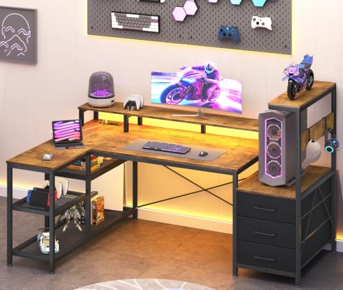 55” L Shaped Gaming Desk with Drawers & CPU Stand for Gamer, Rustic Brown | Corner Computer Desk with Storage Shelves, LED Lights & Outlet, Reversible Gamer Desk with Monitor Stand & Hooks, Home Office - color: Rustic Brown