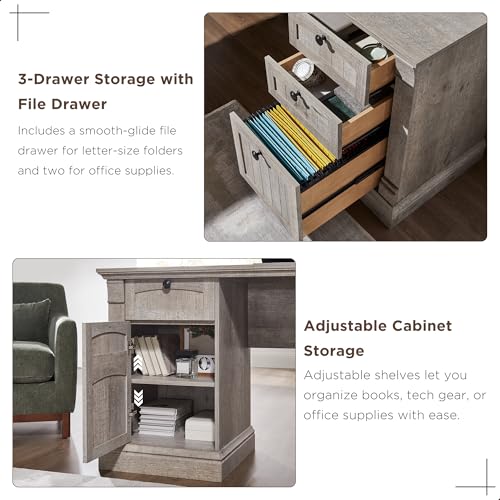 OKD 60" L Shaped Executive Desk, Farmhouse Desk with Drawers, Gray Oak - color: Light Rustic Oak