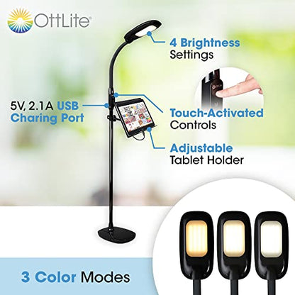 OttLite LED Floor Lamp with Tablet Stand and USB Port, Black - color: Black