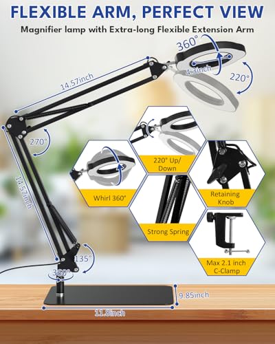 15X LED Magnifying Glass with Light, Base and Clamp Desk Lamp