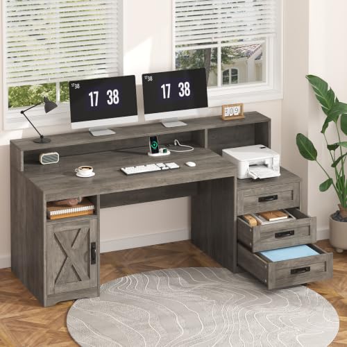 65" Farmhouse Computer Desk with Drawers and Printer Stand for Home Office - color: Grey