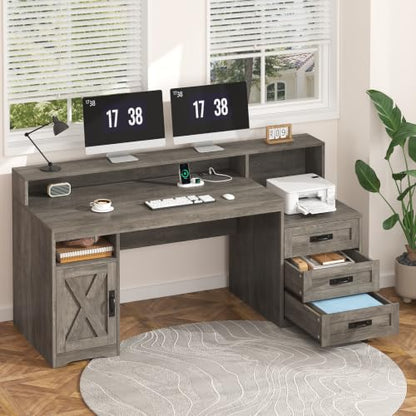 65" Farmhouse Computer Desk with Drawers and Printer Stand for Home Office - color: Grey