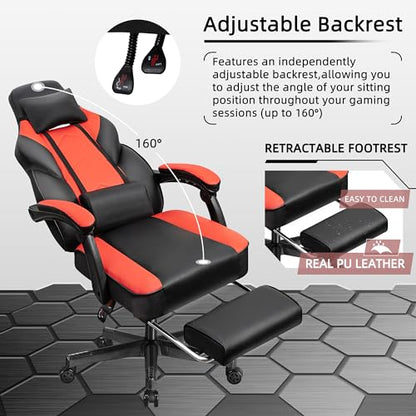Gaming Chair with Footrest, Massage Lumbar Support, Height Adjustment, and 360° Swivel Seat. Ergonomic Design for Gaming - color: Red