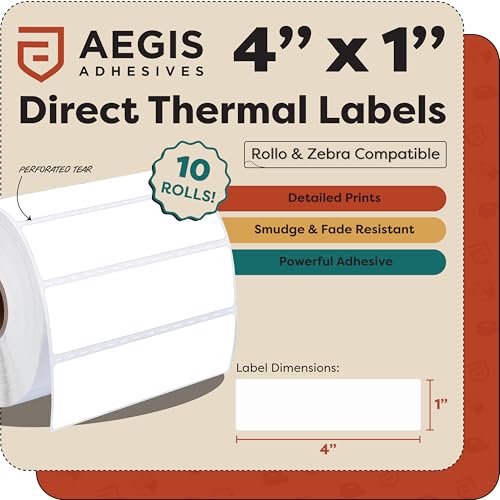 4" X 1" Direct Thermal Labels (13000 Count, 10 Rolls) - Barcode Labels | Wide Thermal Sticker Roll for Carton and Product Identification - Compatible With Zebra and Rollo Printers - Aegis Adhesives - size: 4" X 1"