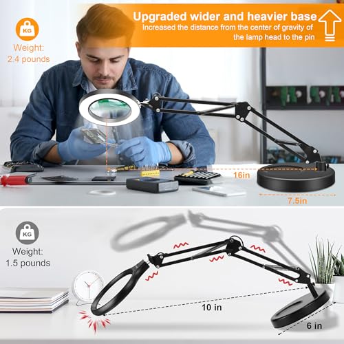 10X Magnifying Glass with Light and Stand, Magnifier with Light Hands Free, 3 Color Modes 10 Level Dimmable, Magnifying Real Glass LED Desk Lamp for Close Work, Repair, Reading, Craft, Black - color: Black
